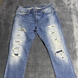 American Eagle Outfitters Men's Straight Jeans Blue Size 36/32 Distressed Ripped